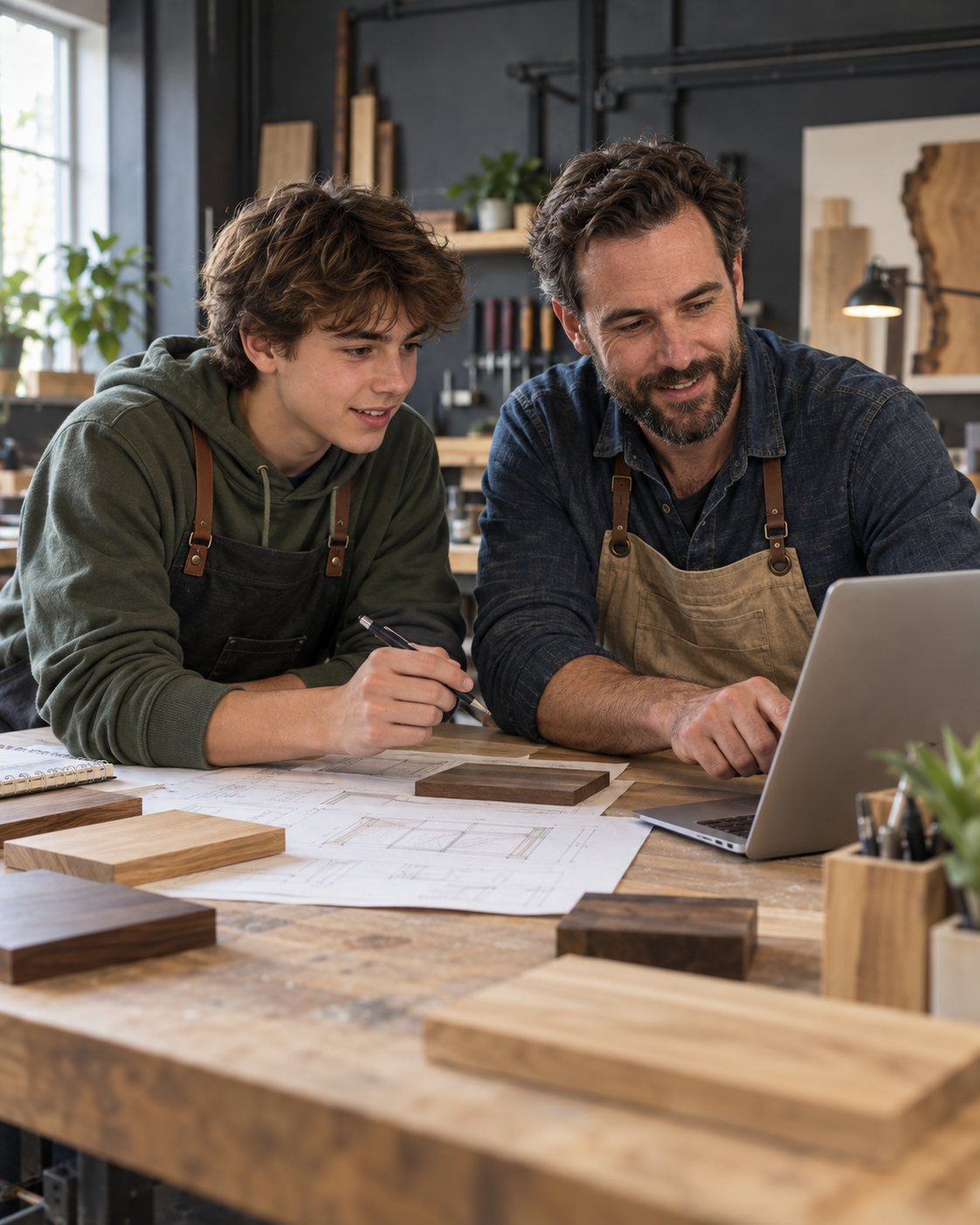 Illustrative image of a high-school student collaborating with an adult business mentor on a design project